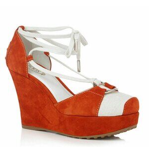 TOD'S SHOES ORANGE SUEDE LEATHER CANVAS LACE UP WEDGE LOGO sz IT 40 US 10